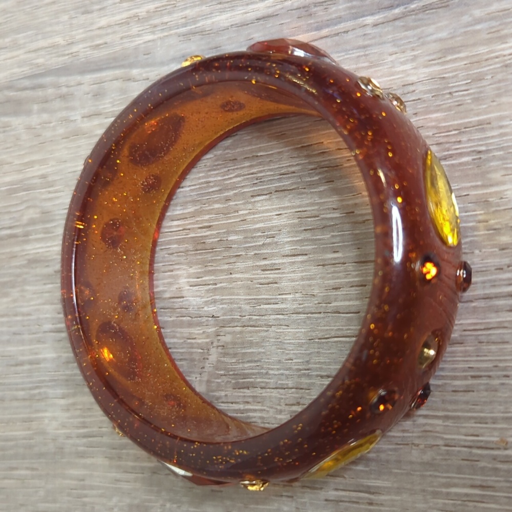 Vintage Lucite Glitter Amber Jeweled Bangle Bracelet - Picture 6 of 9